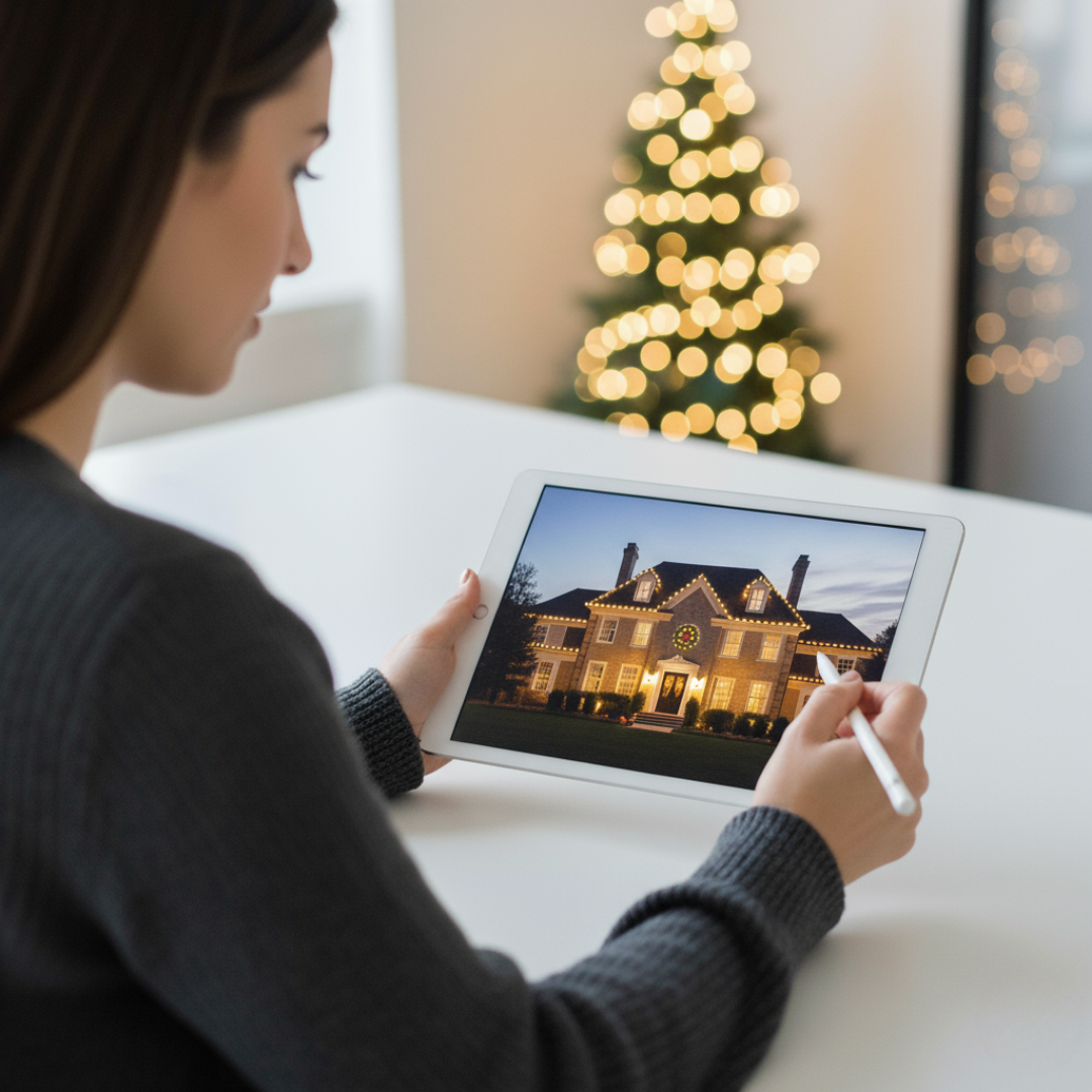 Tablet showing a digital mock-up of a home lighting design