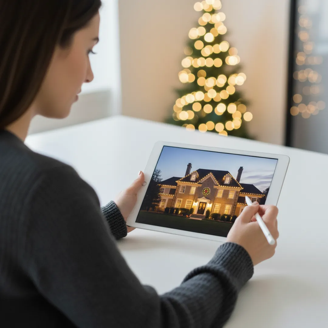 Tablet showing a digital mock-up of a home lighting design