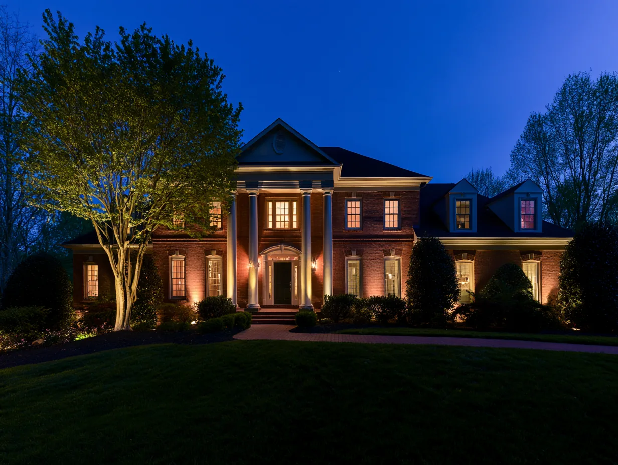 Brick home with a warmly illuminated columned entrance and mature tree at blue hour