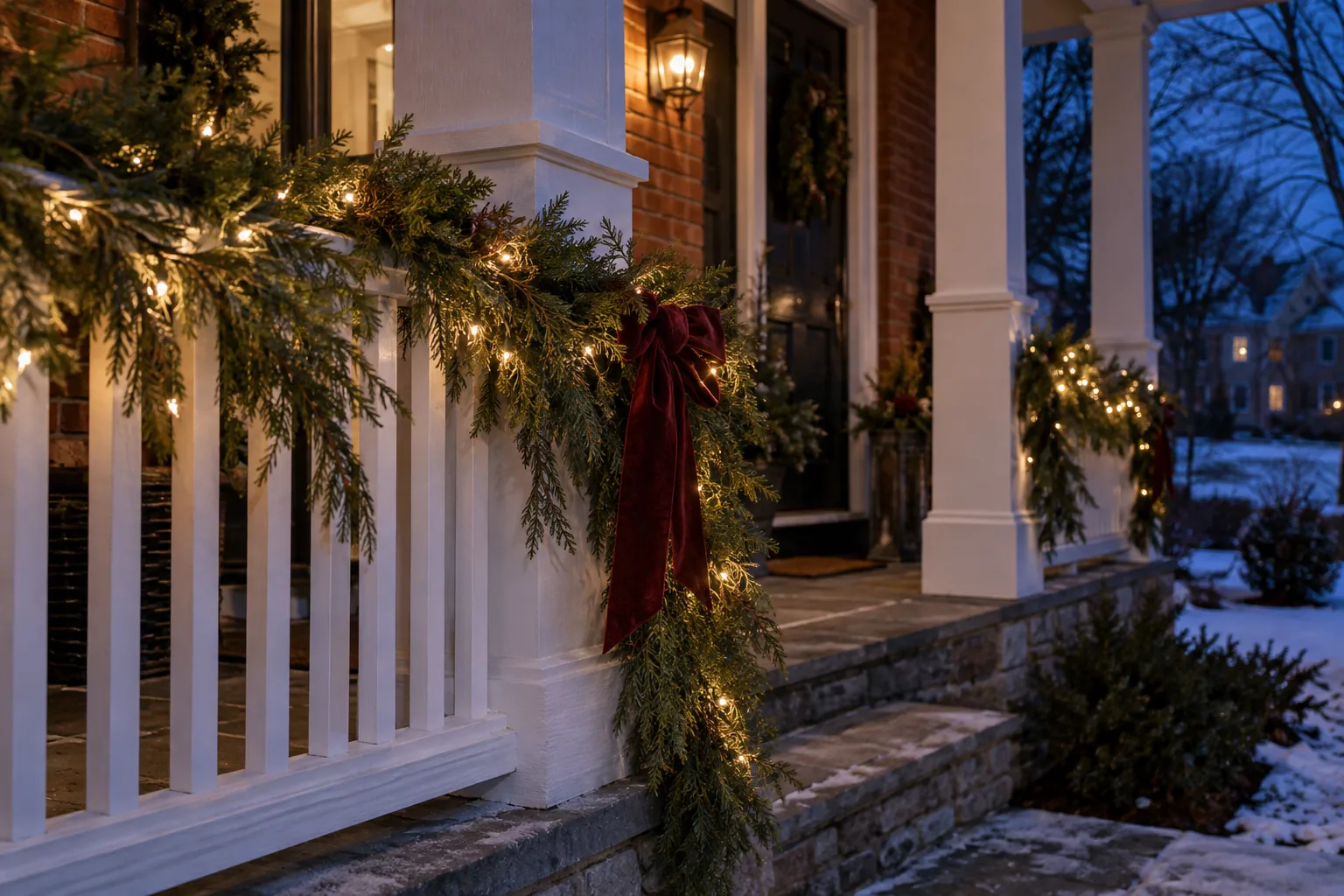 natural evergreen garland and burgundy ribbon on a traditional porch railing at blue-hour twilight