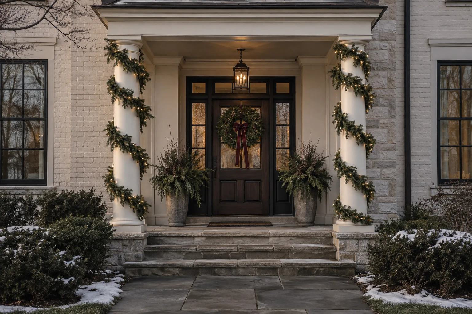 columned entrance with natural evergreen garlands, a wreath and subtle warm holiday lights