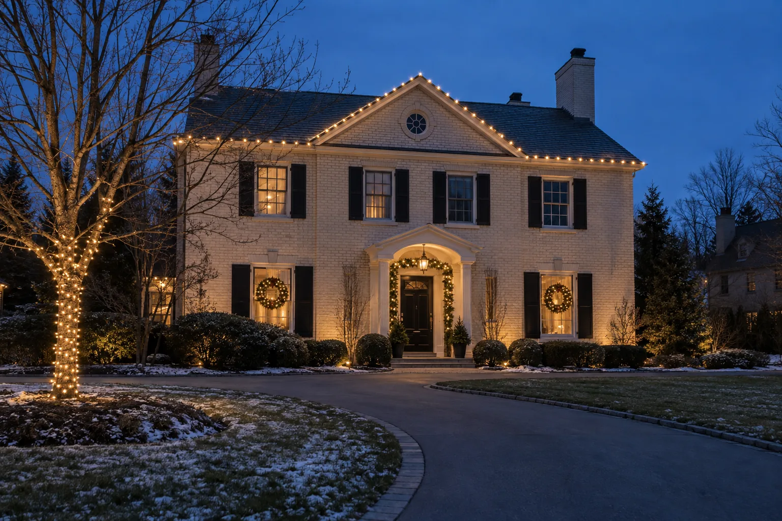 coordinated roofline lights and entrance greenery on a traditional home at dusk at blue-hour twilight