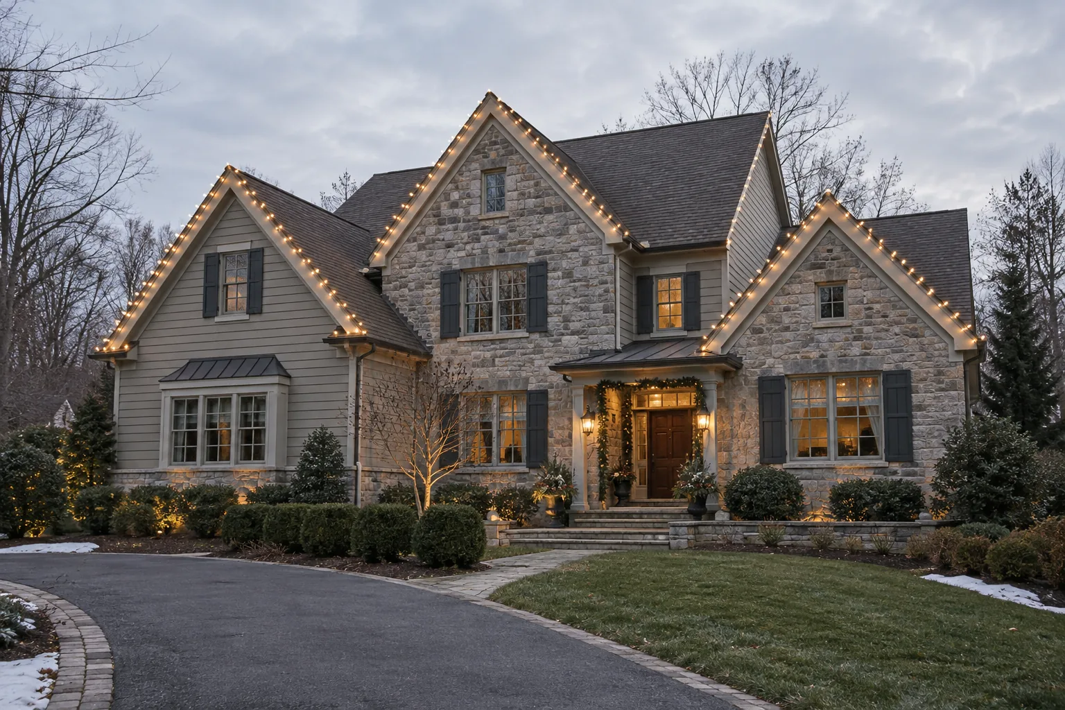 stone and clapboard home with understated warm white Christmas roofline lights at dusk
