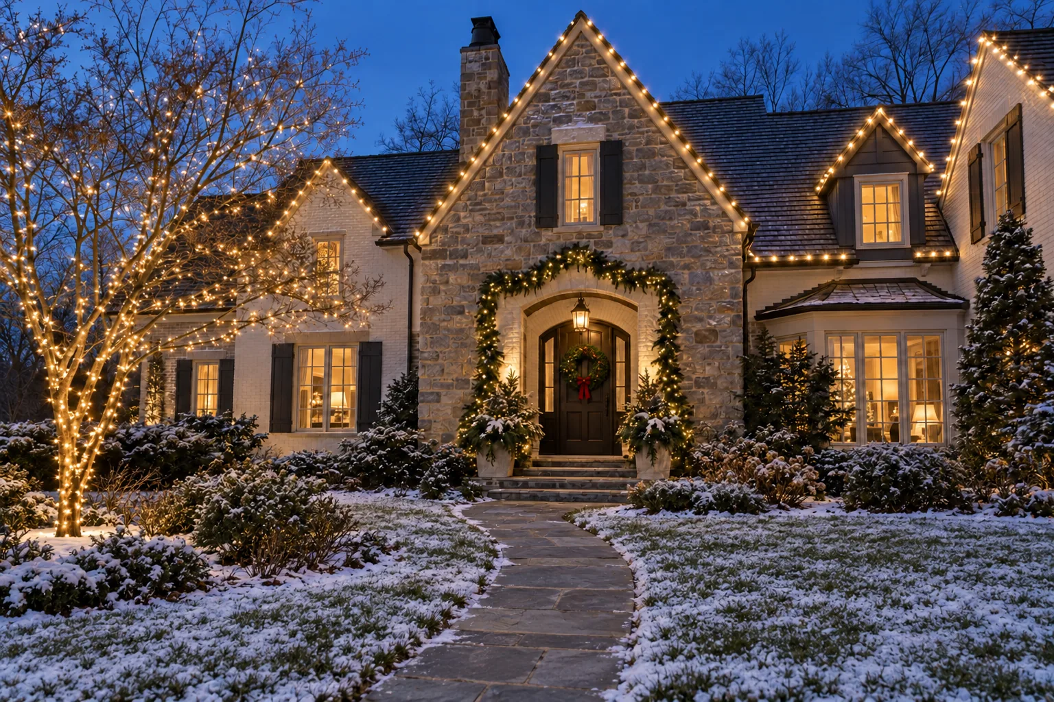 warm roofline lights, doorway garland and an illuminated tree beside a snow-dusted home with a simple garden path