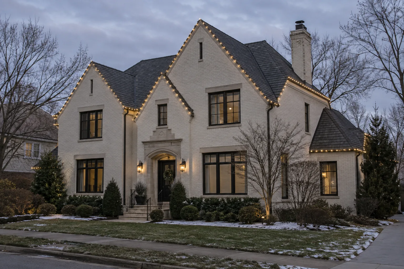 painted brick home with restrained warm white lights tracing its gabled rooflines at dusk