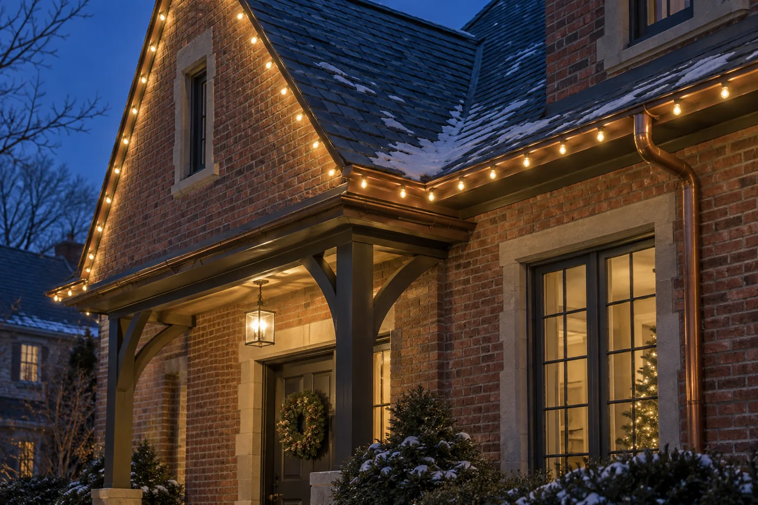 neatly spaced roofline lights along a slate-roofed porch and brick gable at blue-hour twilight