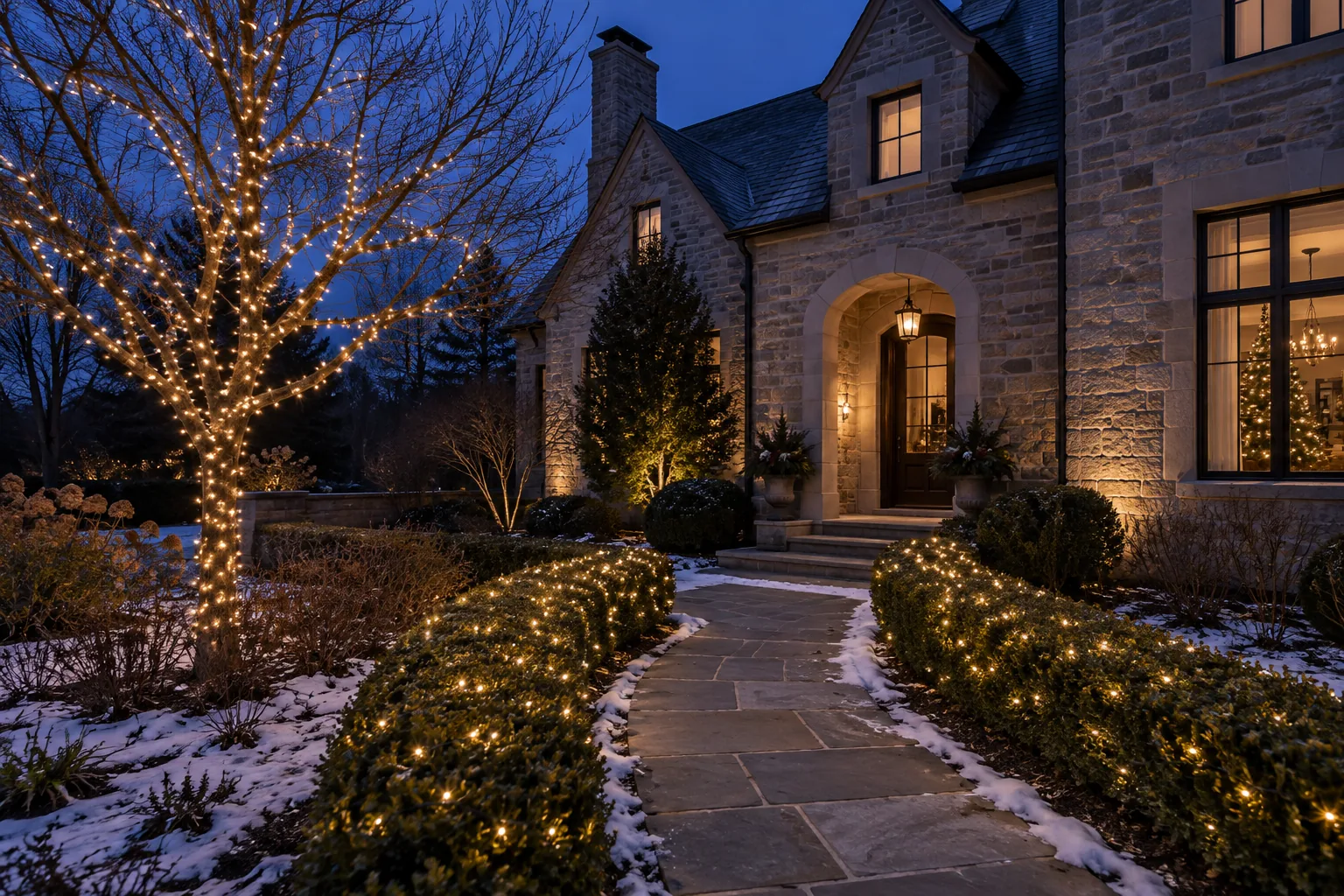 softly lit shrubs and a wrapped ornamental tree along a winter garden path at blue-hour twilight