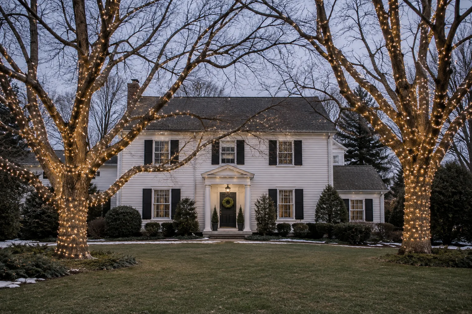 mature trees wrapped in warm white Christmas lights framing a traditional home's winter garden