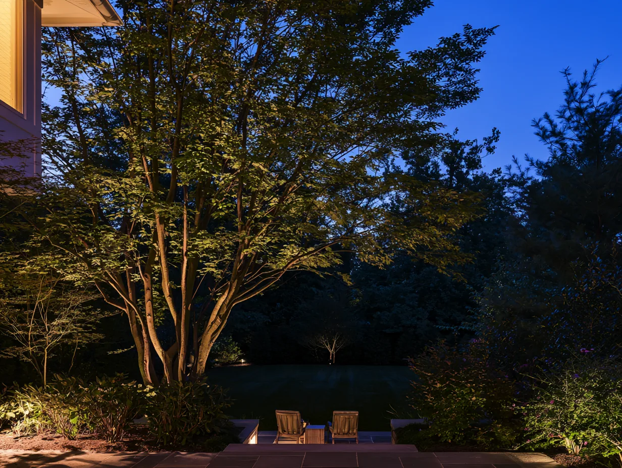 Warmly illuminated tree beside garden steps and two chairs overlooking a dark lawn at blue hour