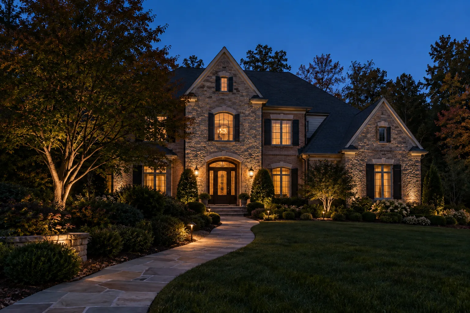 the same home with warm architectural uplighting, illuminated trees and softly lit paths
