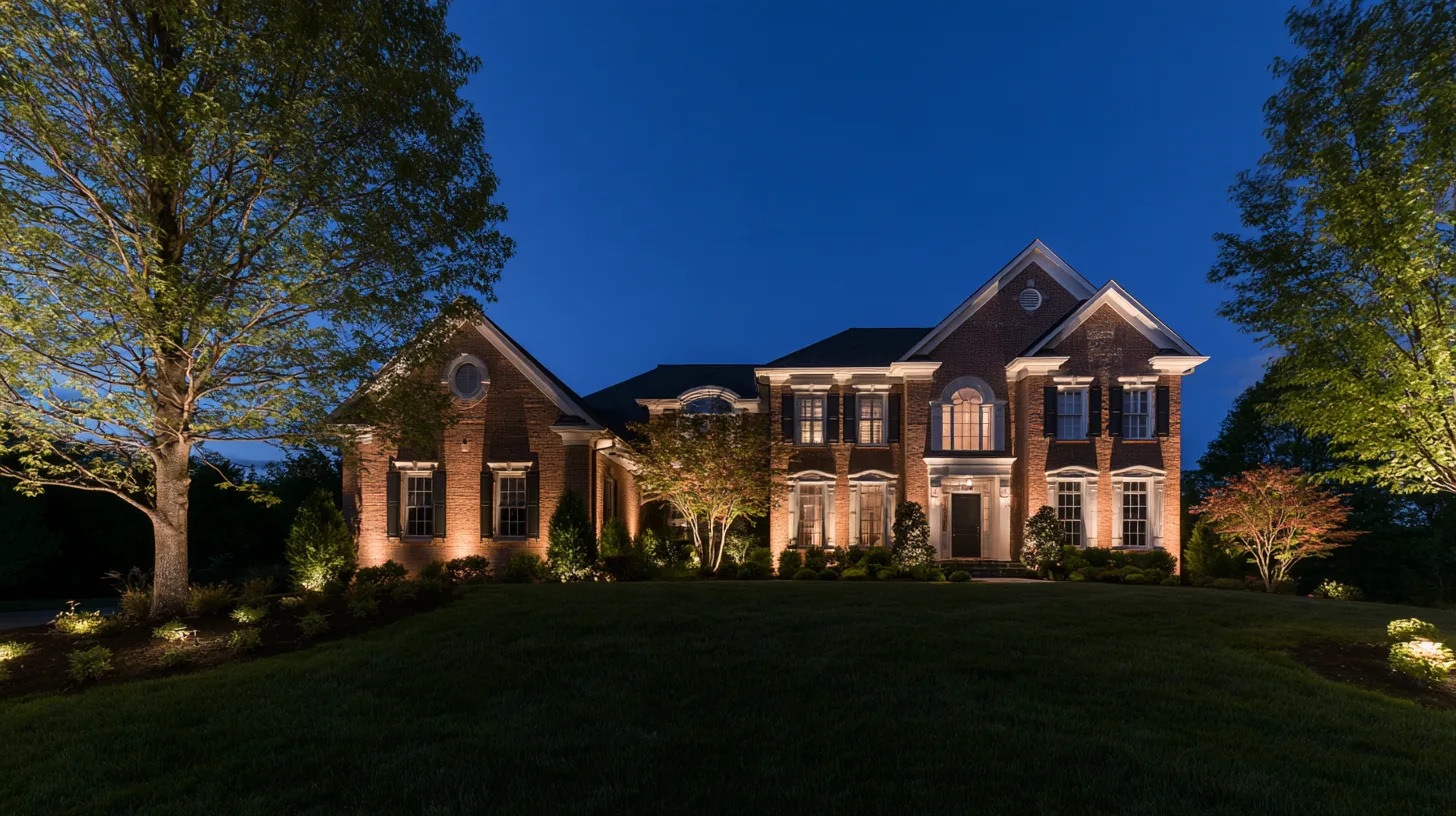 Brick home framed by illuminated mature trees and warm architectural lighting at blue hour