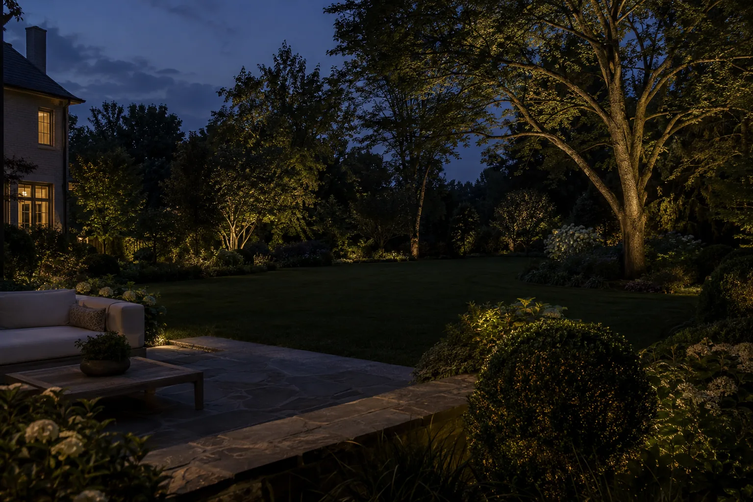Layered warm tree lighting and a softly lit lawn viewed from a quiet garden terrace