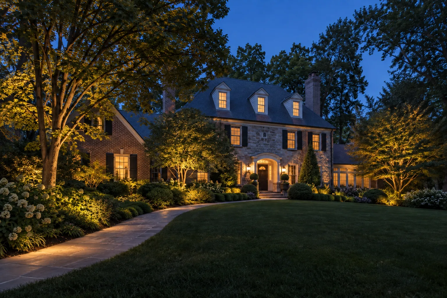 Traditional home and mature garden softly illuminated at blue hour
