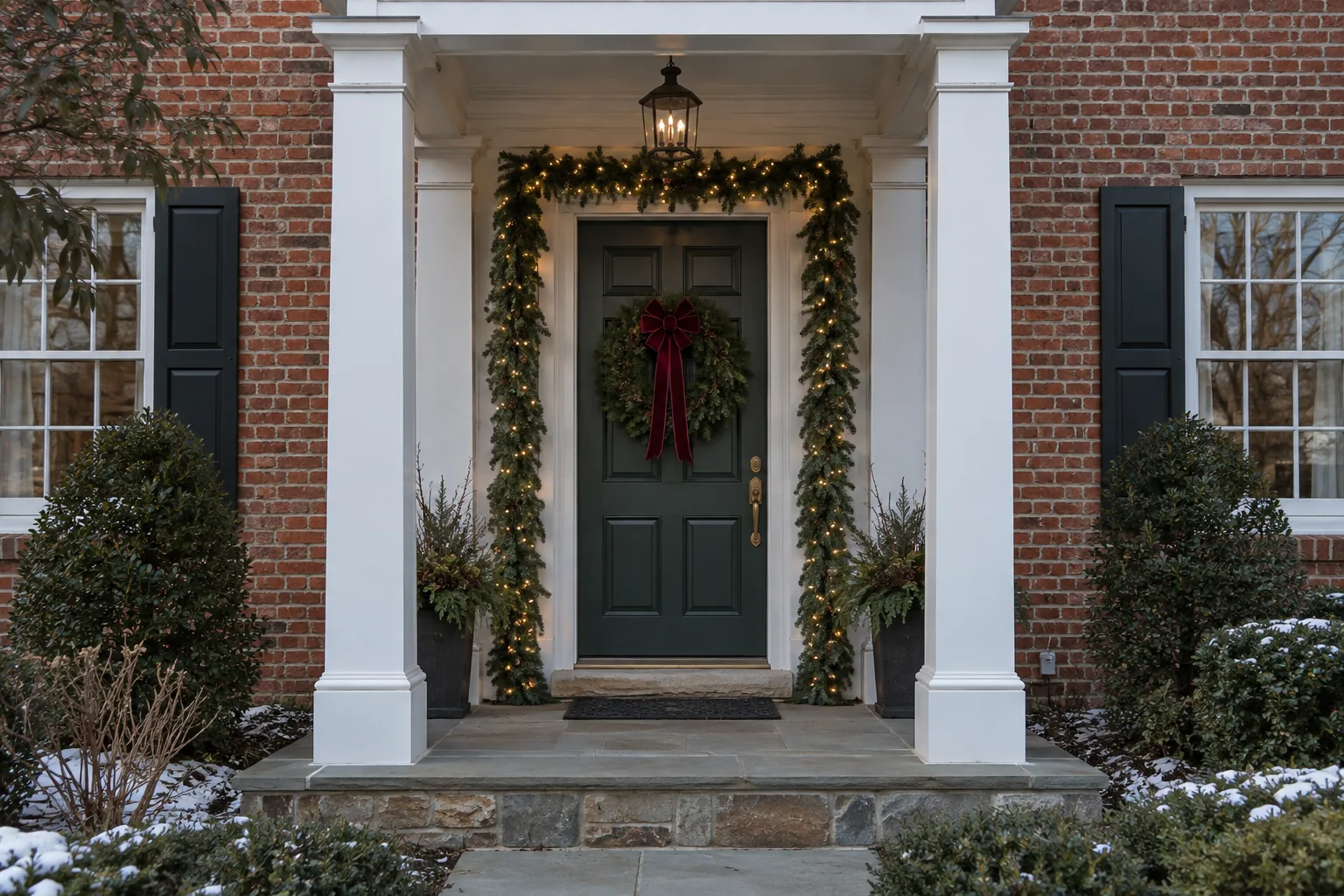 Georgian brick entrance with an evergreen wreath, burgundy ribbon and softly lit garland