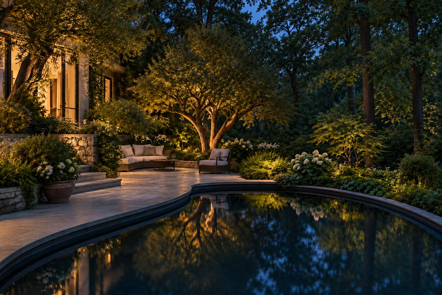 Quiet terrace, garden path and poolside landscape with subtle warm evening lighting